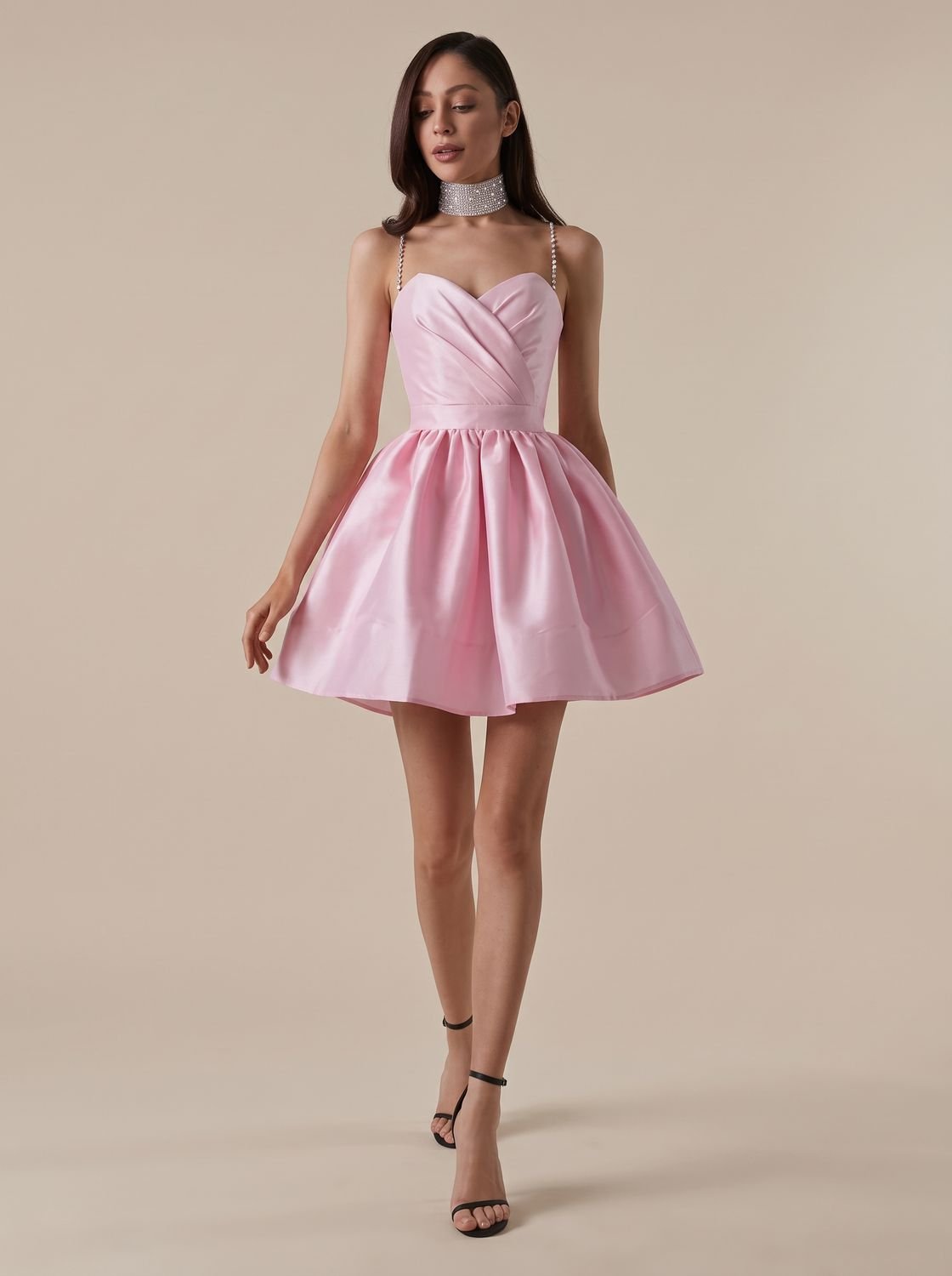 Women's Sweetheart-Neck Rhinestone-Strap Satin Mini Dress