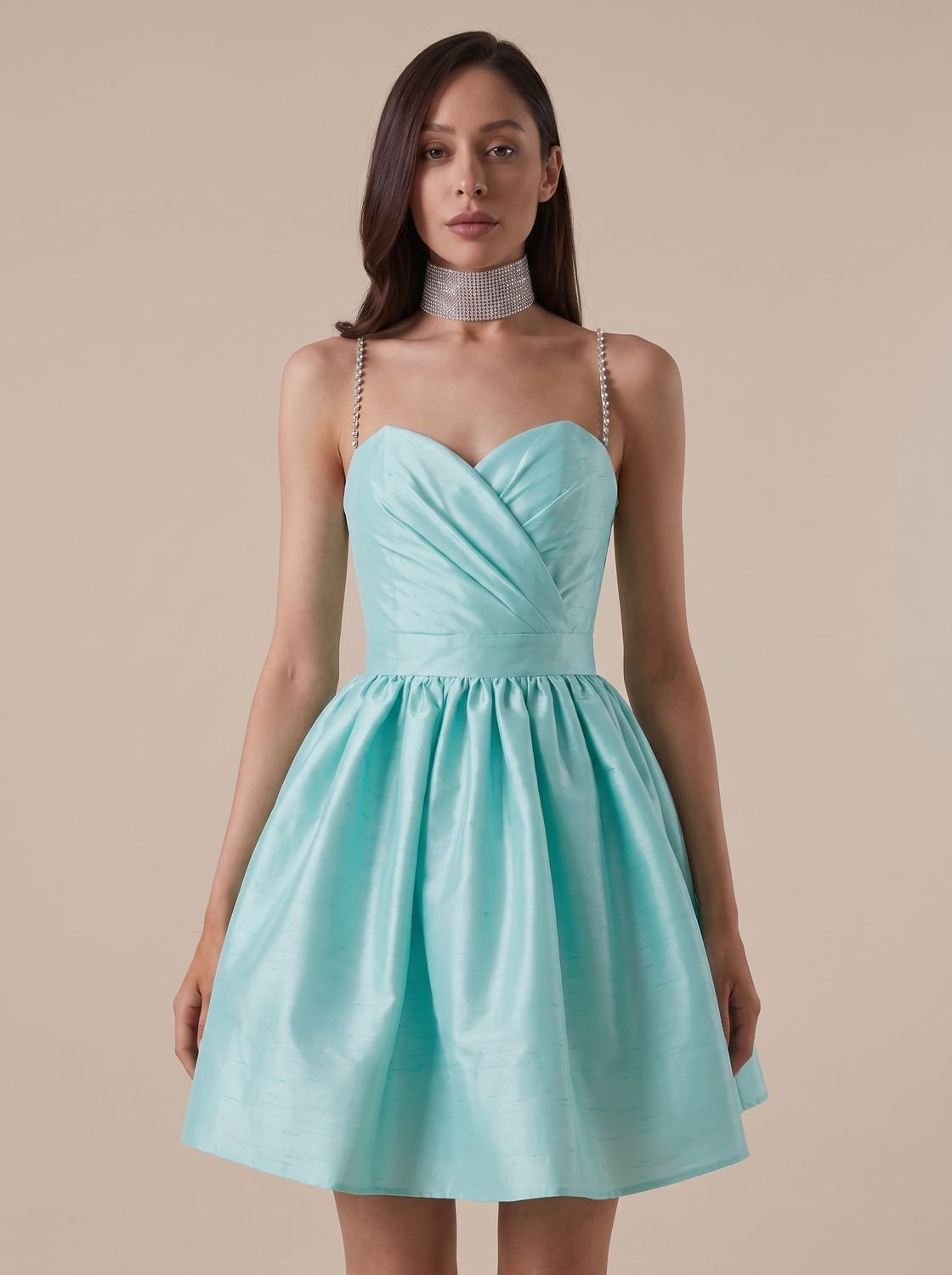 Women's Sweetheart-Neck Rhinestone-Strap Satin Mini Dress - Blue