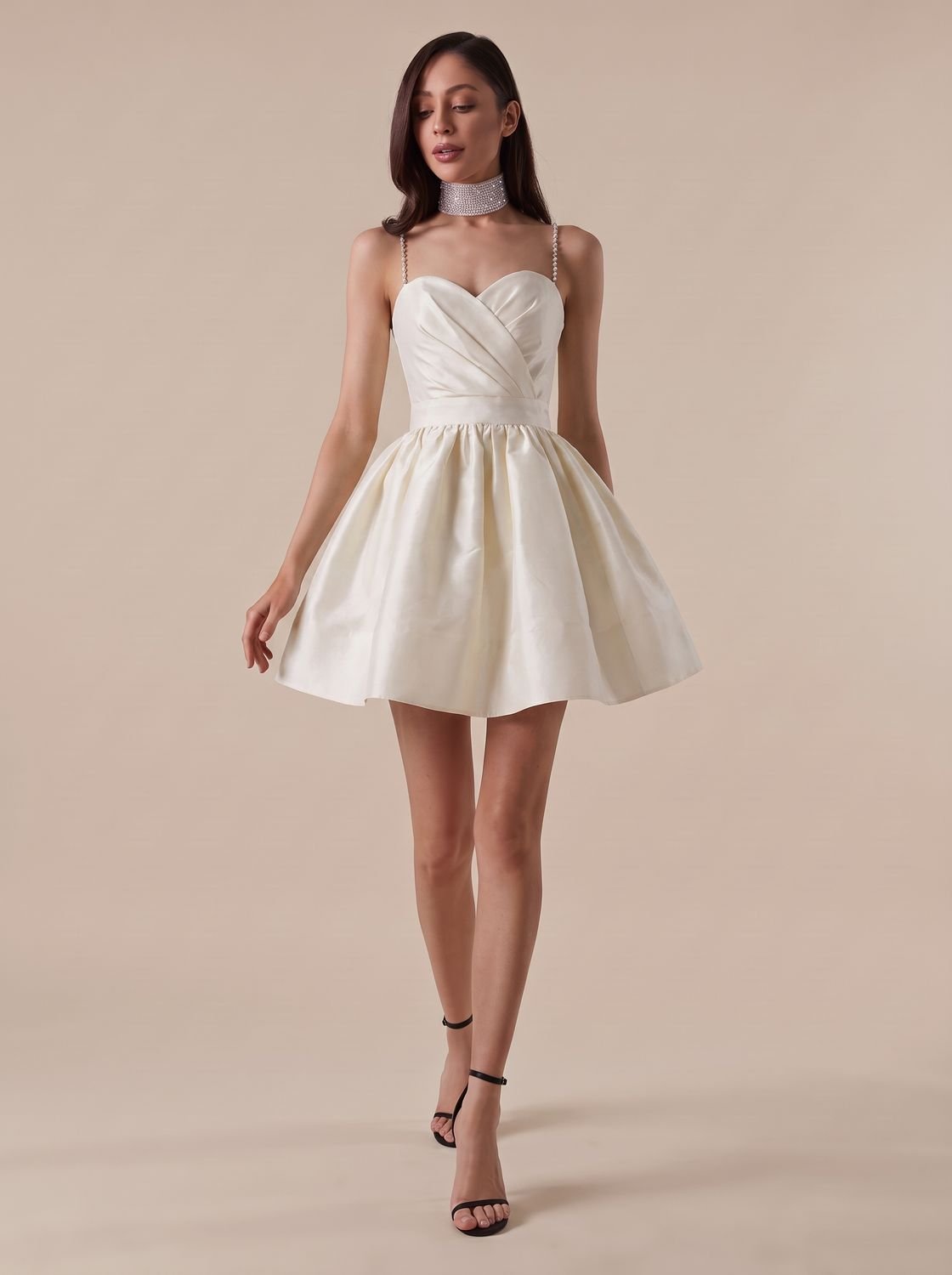 Women's Sweetheart-Neck Rhinestone-Strap Satin Mini Dress - White