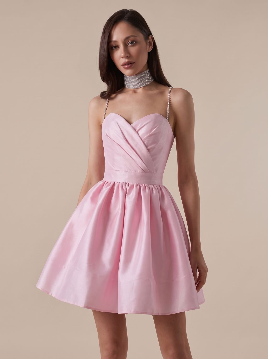 Women's Sweetheart-Neck Rhinestone-Strap Satin Mini Dress - Pink