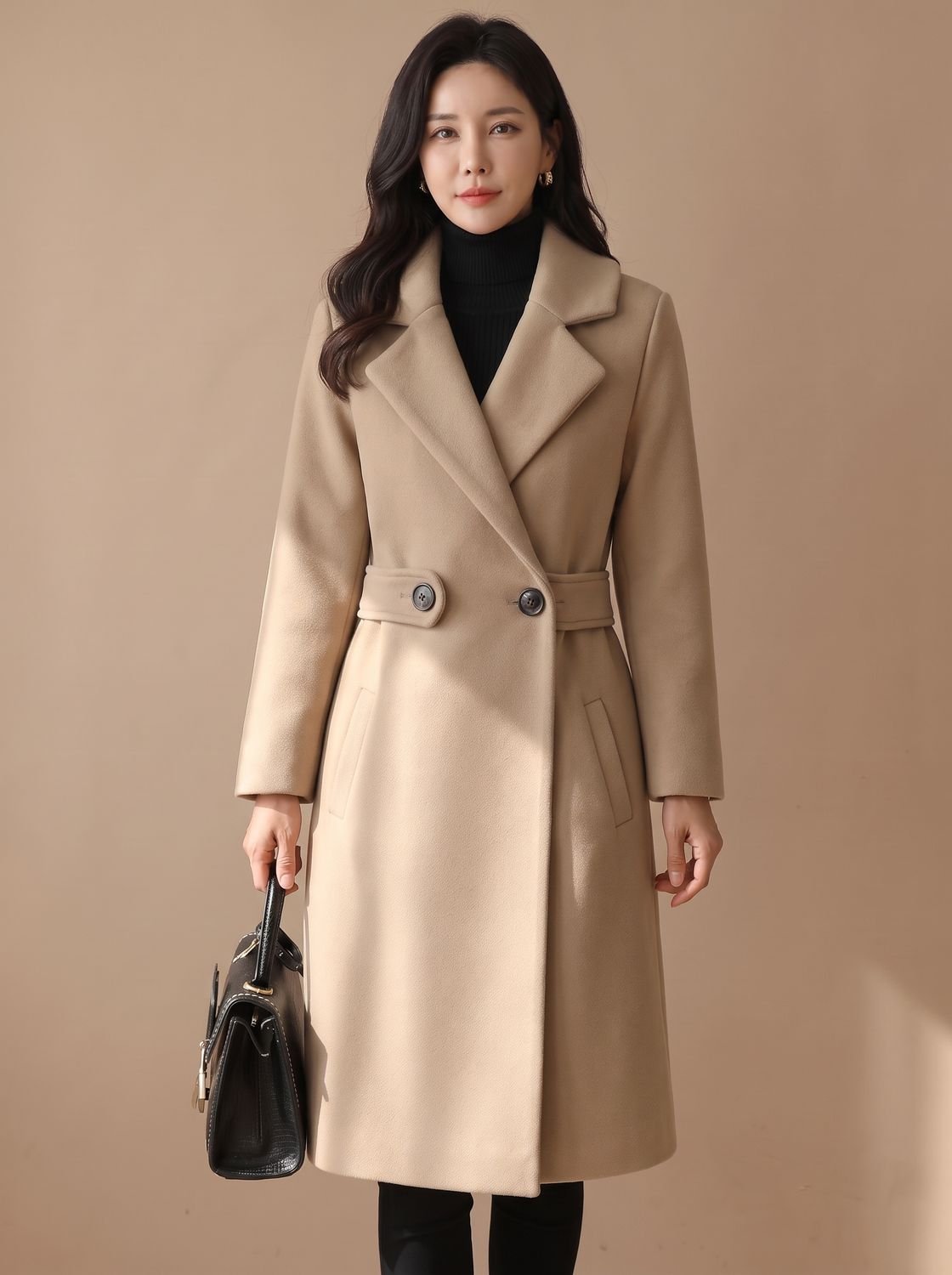Women's Tailored Belted Wool Coat Long Elegant Outerwear