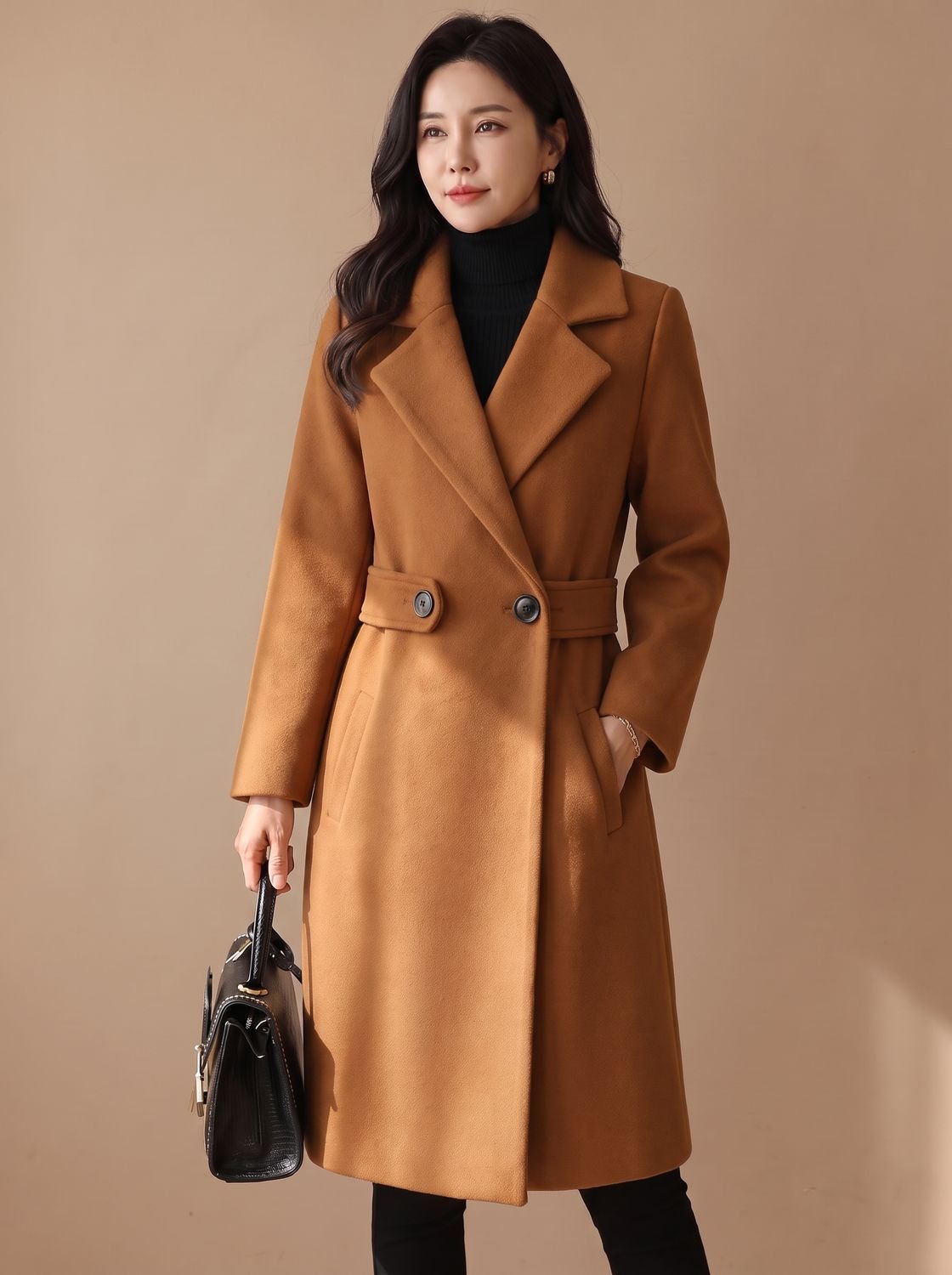 Women's Tailored Belted Wool Coat Long Elegant Outerwear - Brown