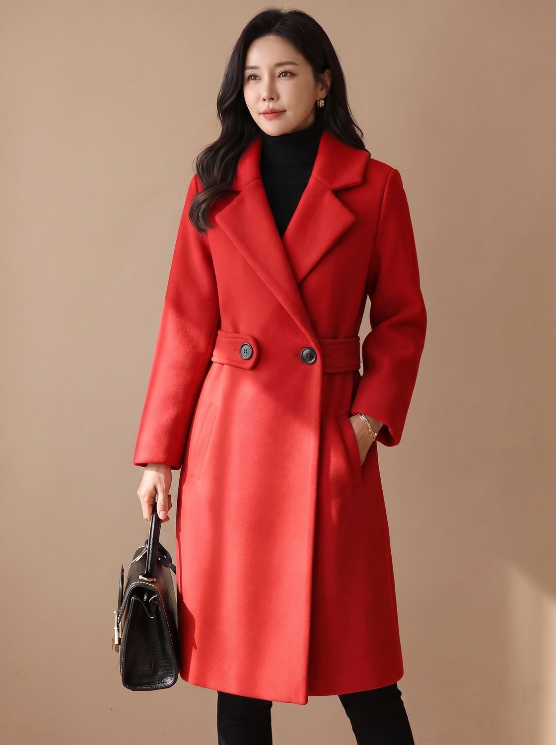 Women's Tailored Belted Wool Coat Long Elegant Outerwear - Red
