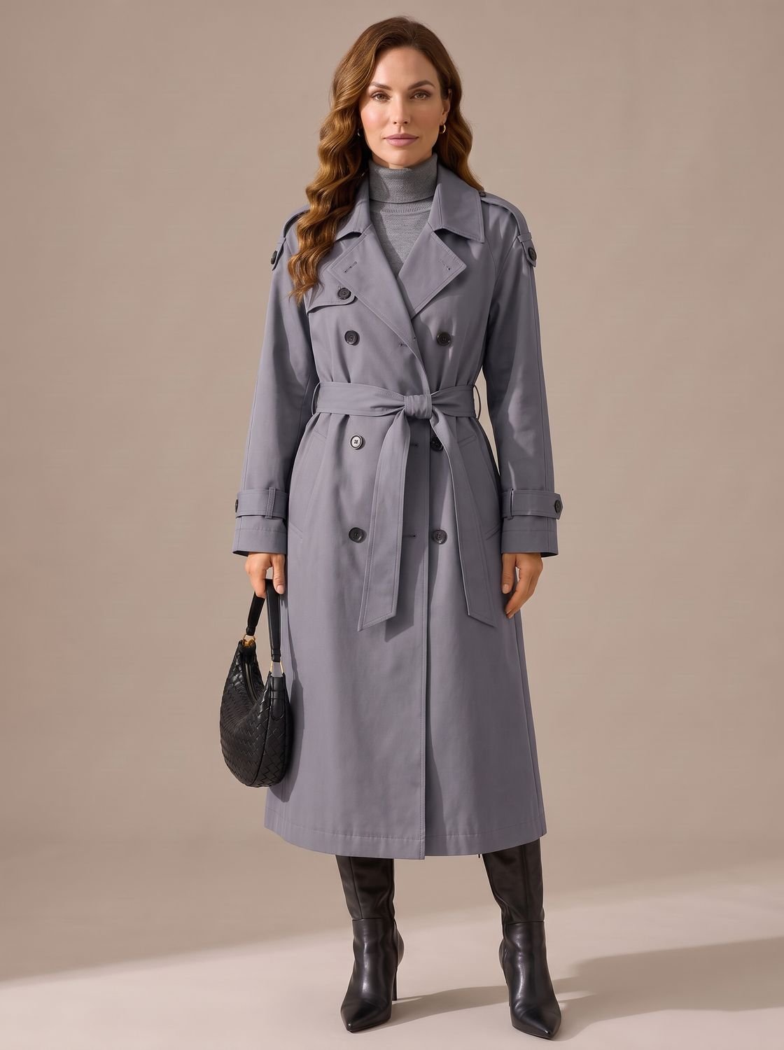 Women's Tailored Double-Breasted Longline Belted Trench Coat - Grey