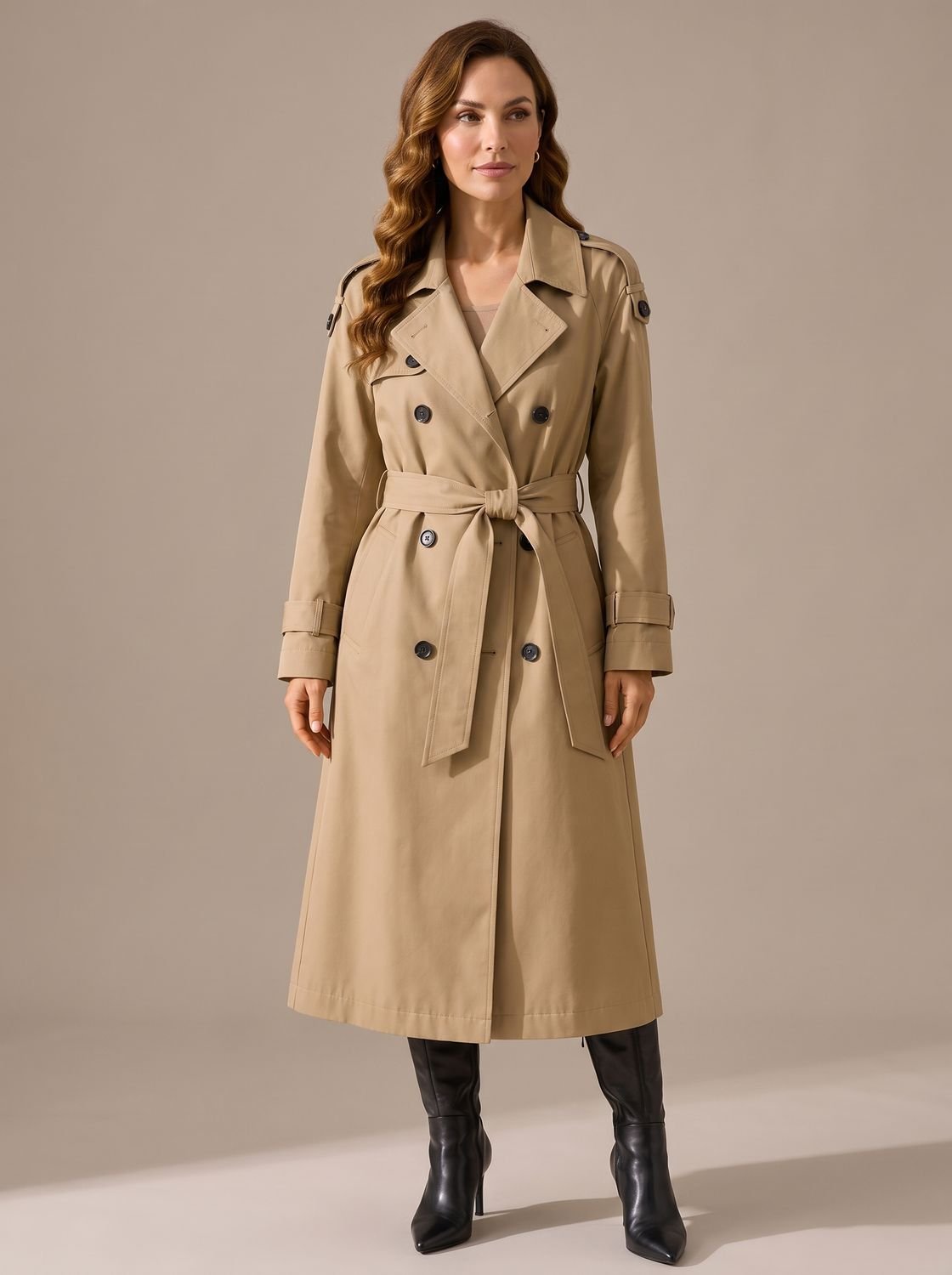 Women's Tailored Double-Breasted Longline Belted Trench Coat - Beige