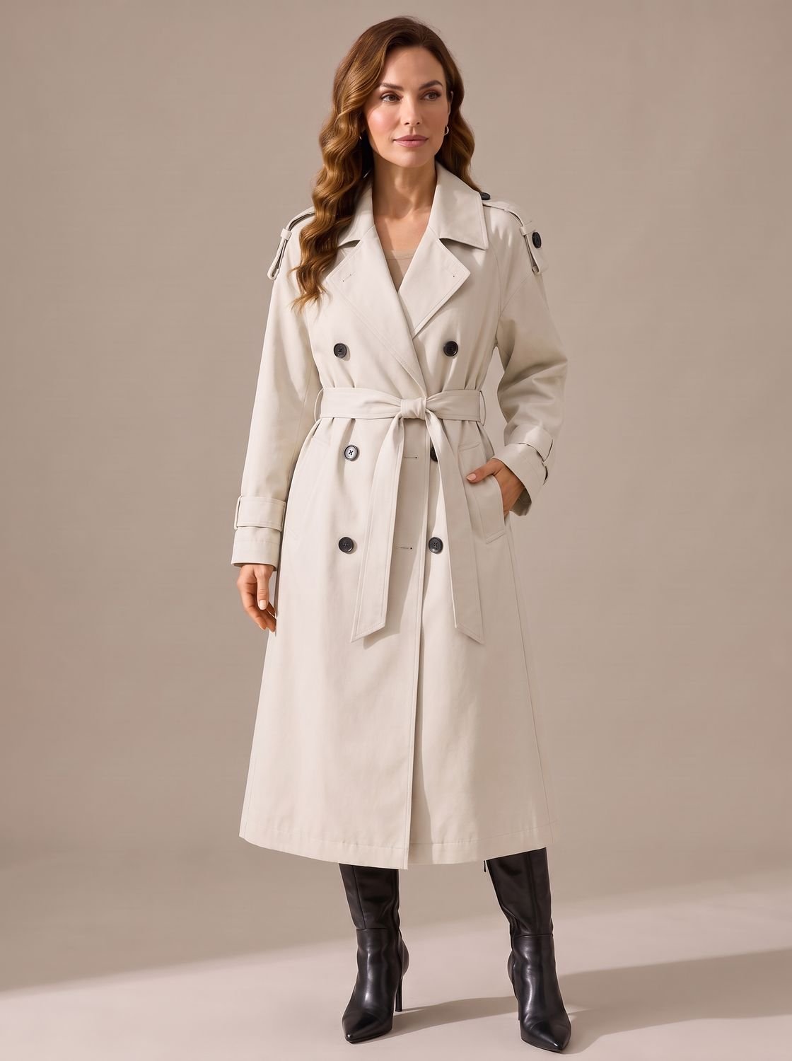 Women's Tailored Double-Breasted Longline Belted Trench Coat - White