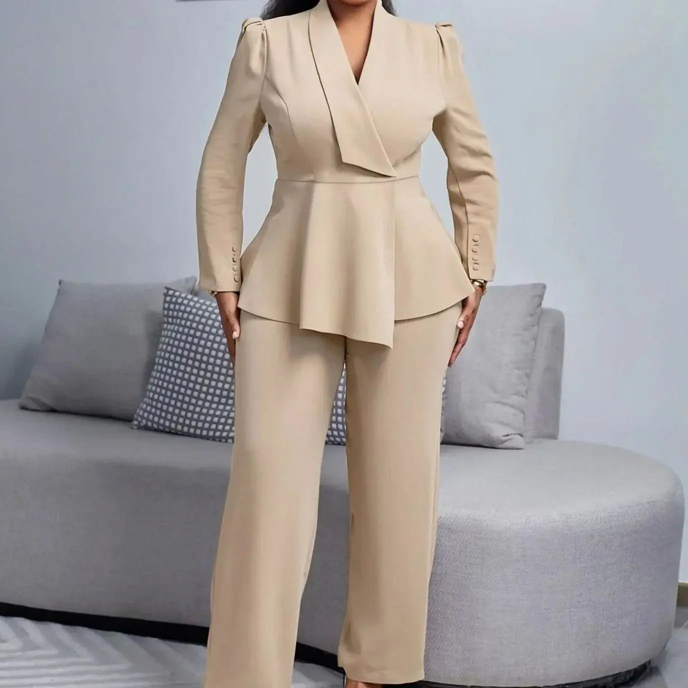 Women's Tailored Peplum Blazer Wide-Leg Trouser Suit Set - Khaki