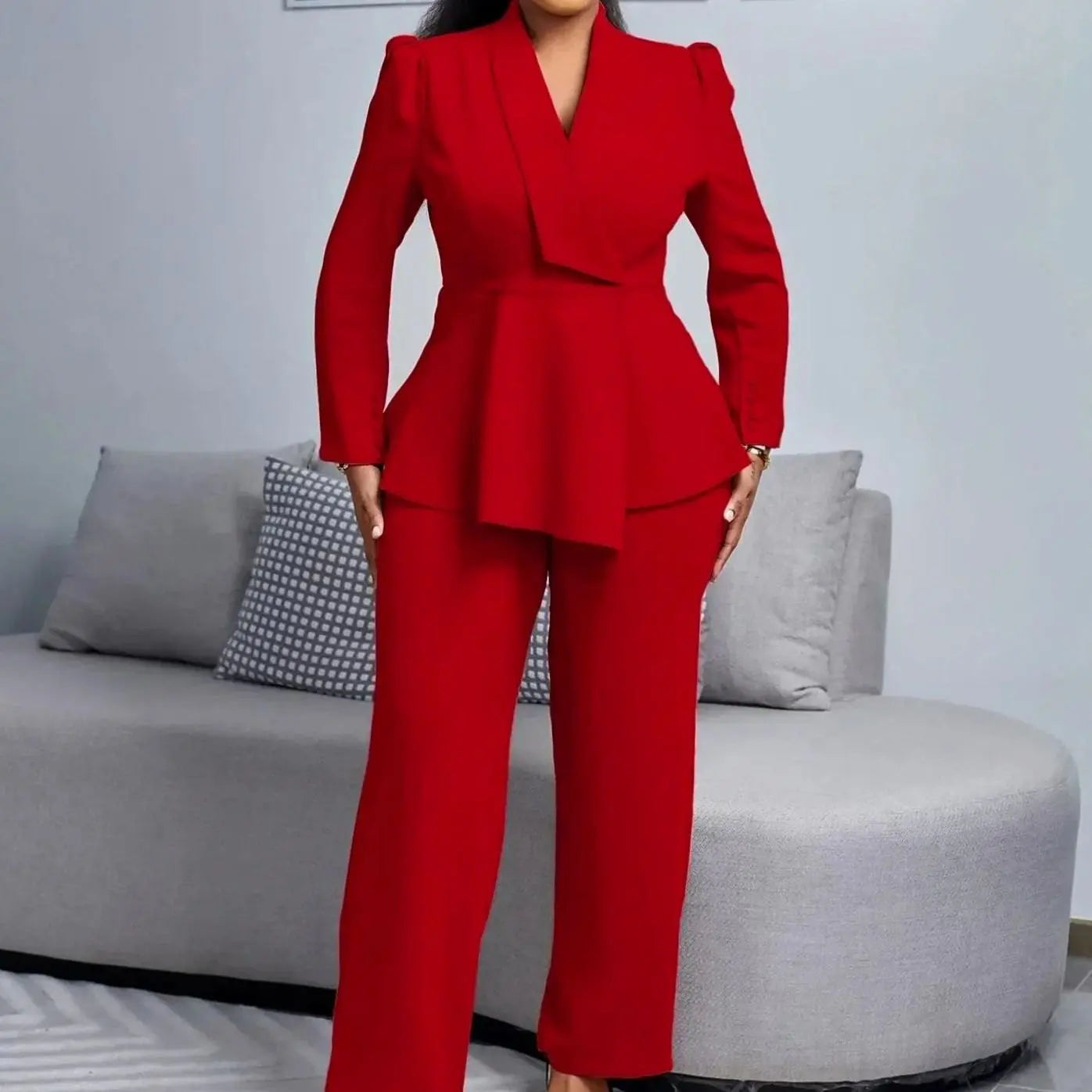 Women's Tailored Peplum Blazer Wide-Leg Trouser Suit Set - Burgundy