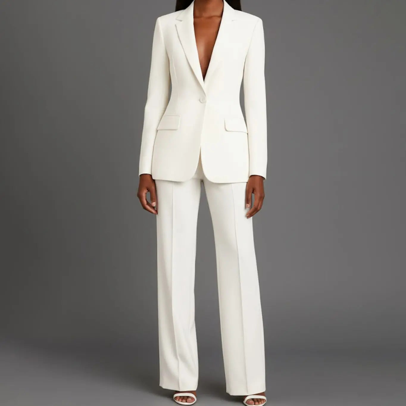 Women's Tailored Single-Button Blazer Trouser Suit Set - White