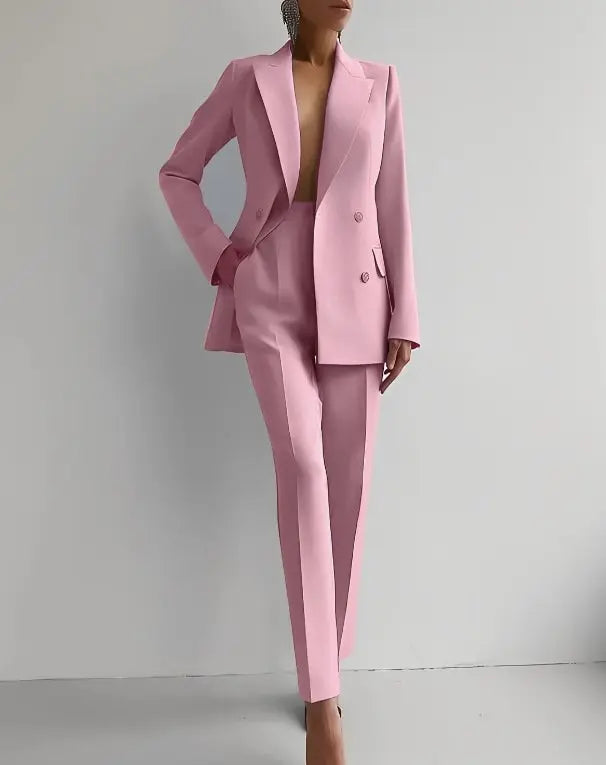 Women's Tailored Suit Double Breasted Blazer Trouser Set - Pink