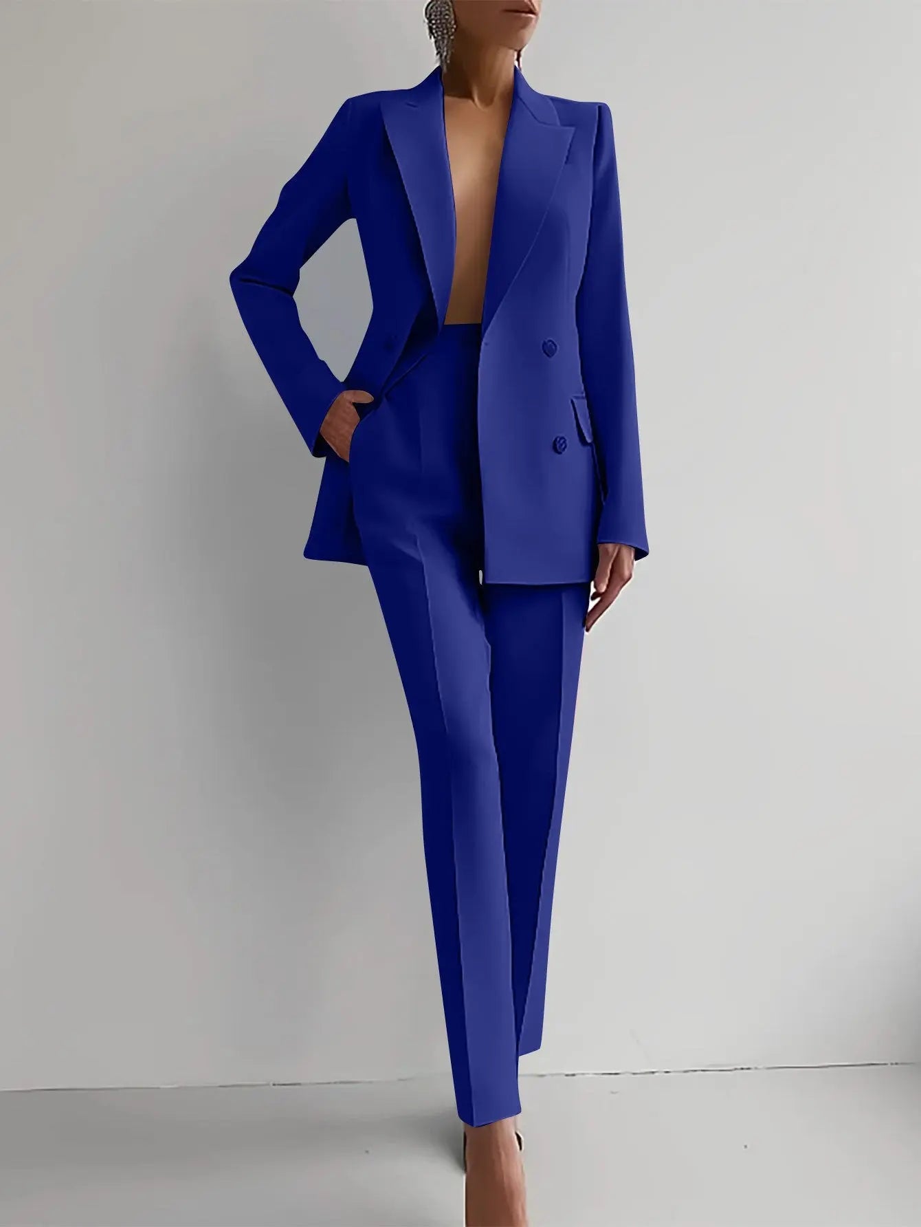 Women's Tailored Suit Double Breasted Blazer Trouser Set - Blue