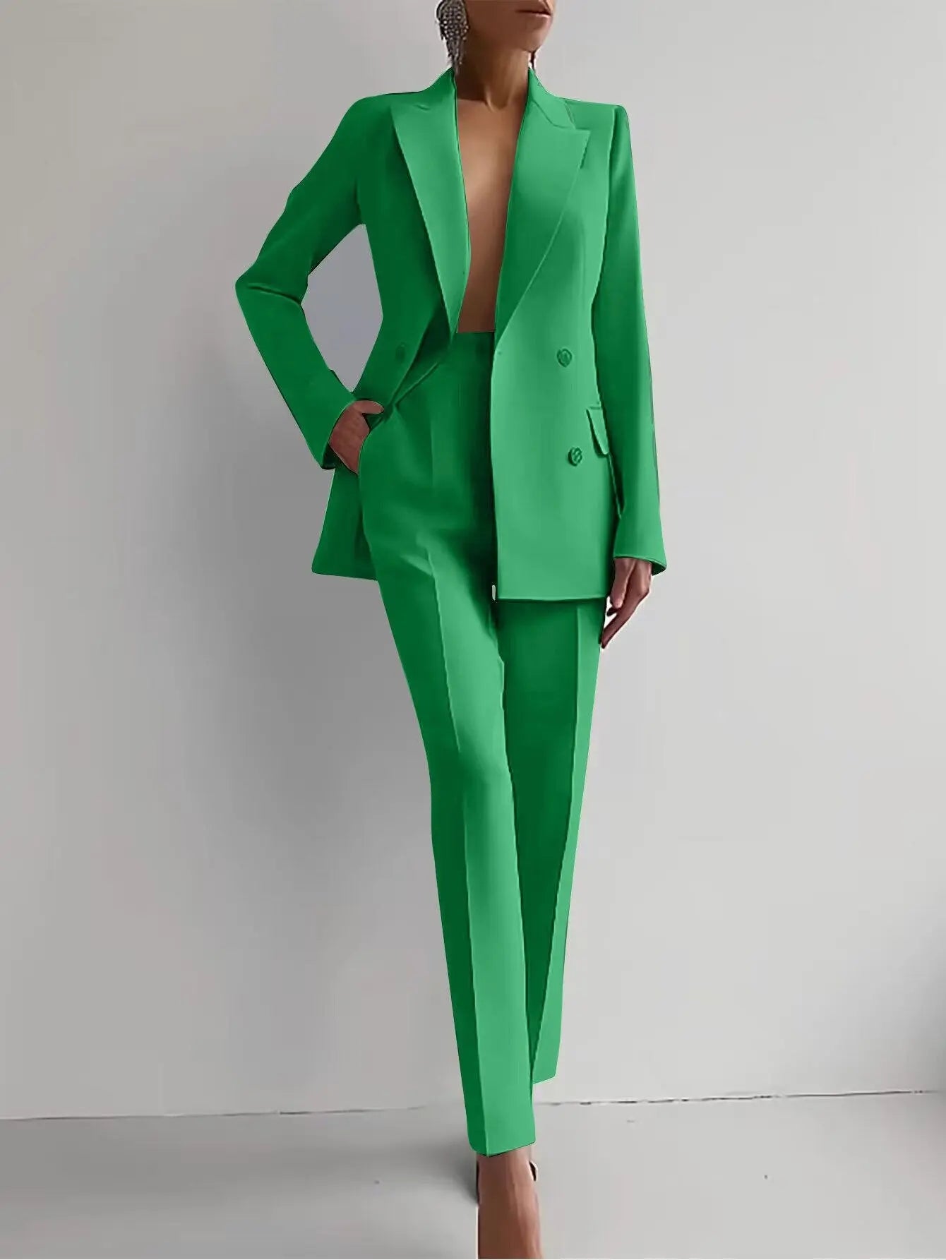 Women's Tailored Suit Double Breasted Blazer Trouser Set - Dark Green