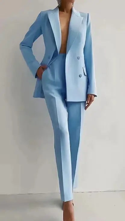 Women's Tailored Suit Double Breasted Blazer Trouser Set - Light Blue