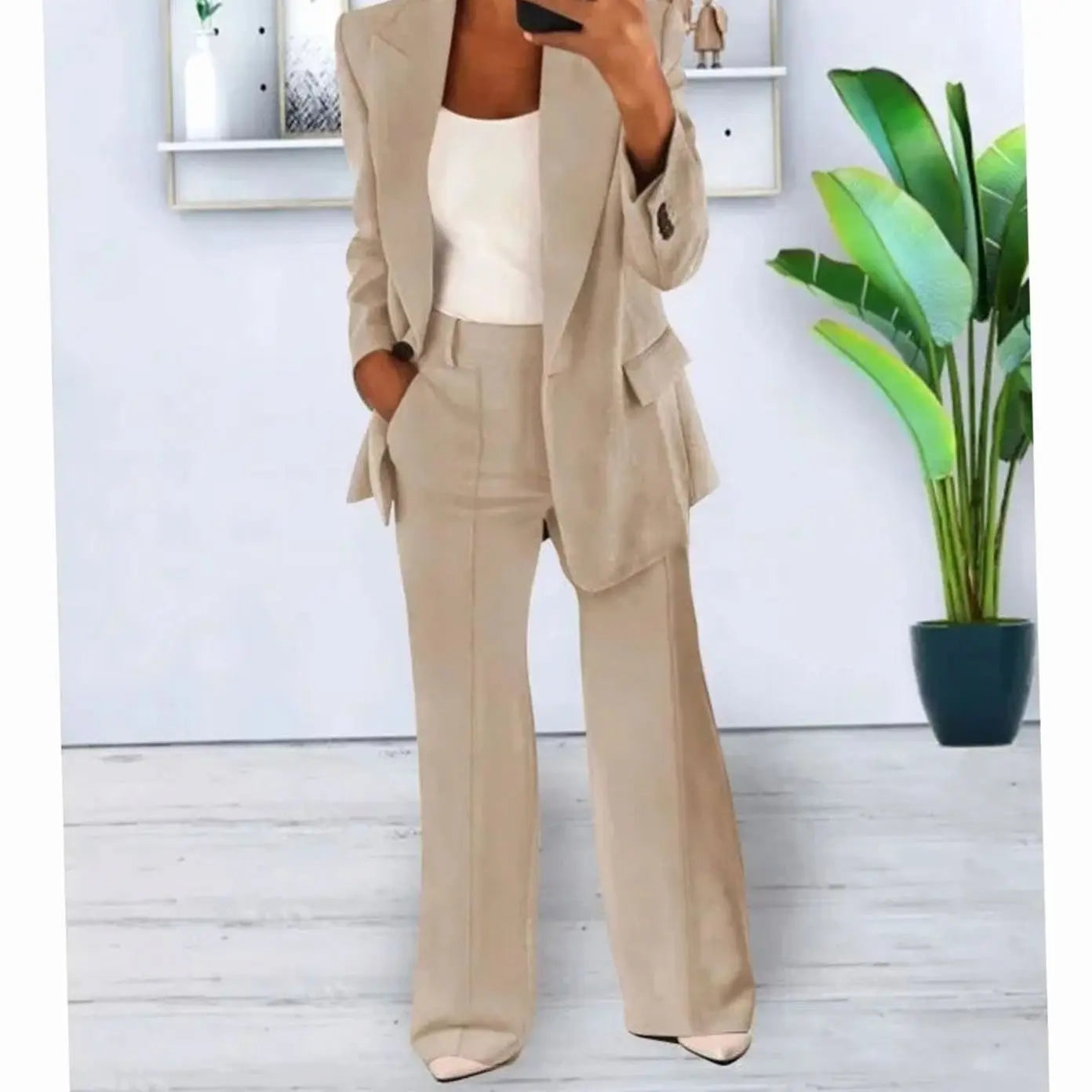 Women's Tailored Two-Piece Suit Set Long Blazer Wide-Leg Trousers - Apricot