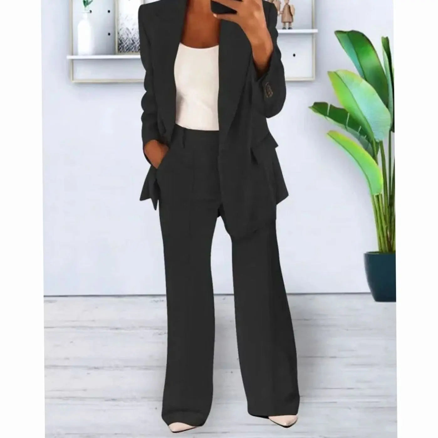 Women's Tailored Two-Piece Suit Set Long Blazer Wide-Leg Trousers - Black
