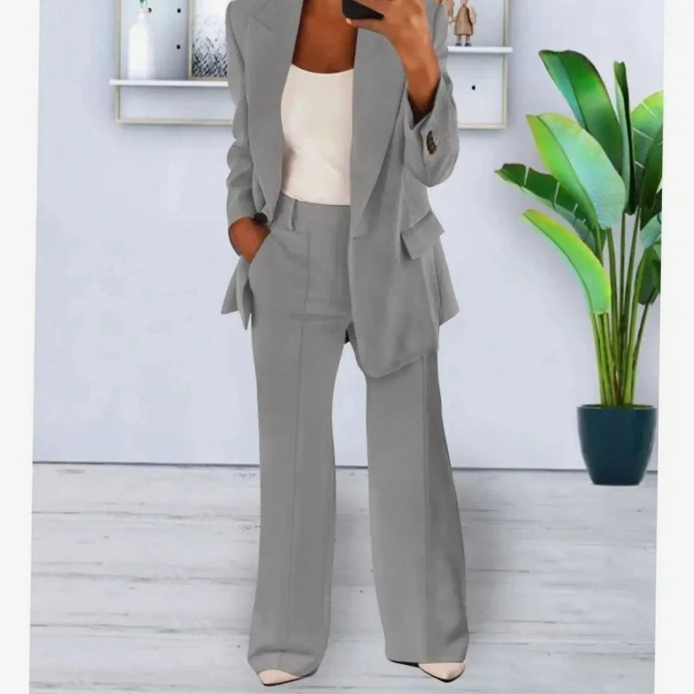 Women's Tailored Two-Piece Suit Set Long Blazer Wide-Leg Trousers - Grey