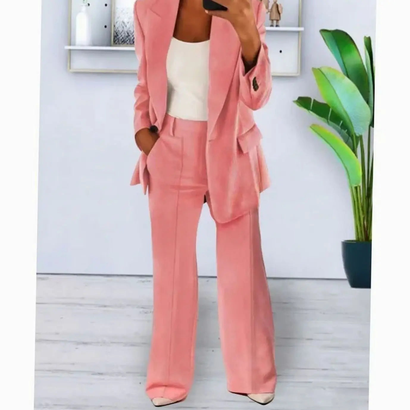 Women's Tailored Two-Piece Suit Set Long Blazer Wide-Leg Trousers - Pink
