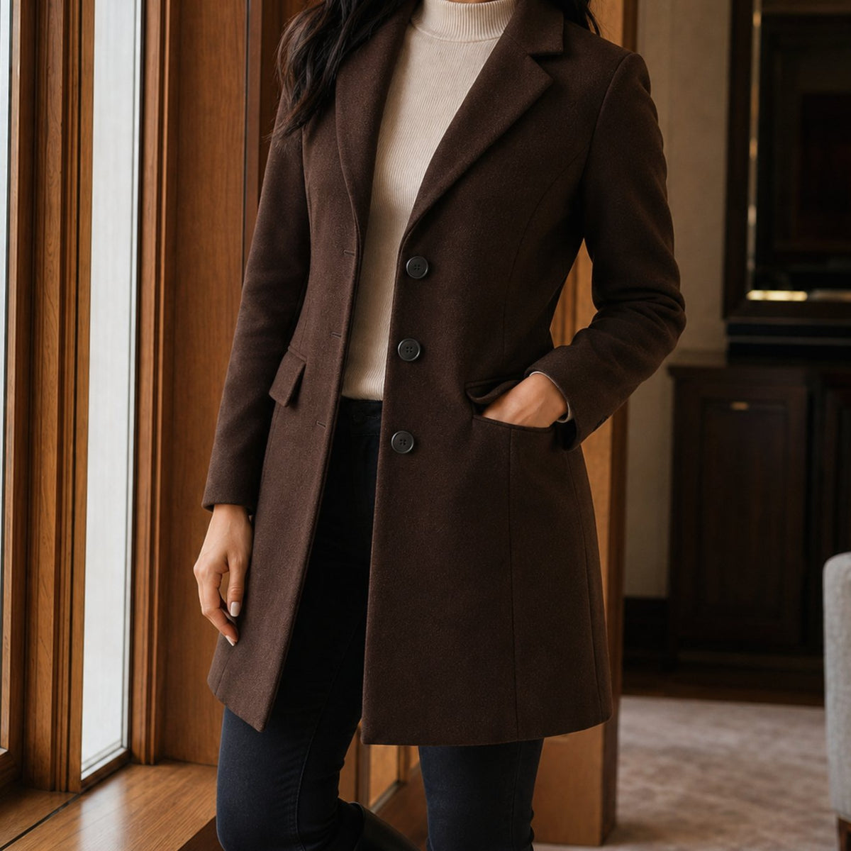 Women's Tailored Wool-Blend Notched-Lapel Button-Front Coat - Dark Brown