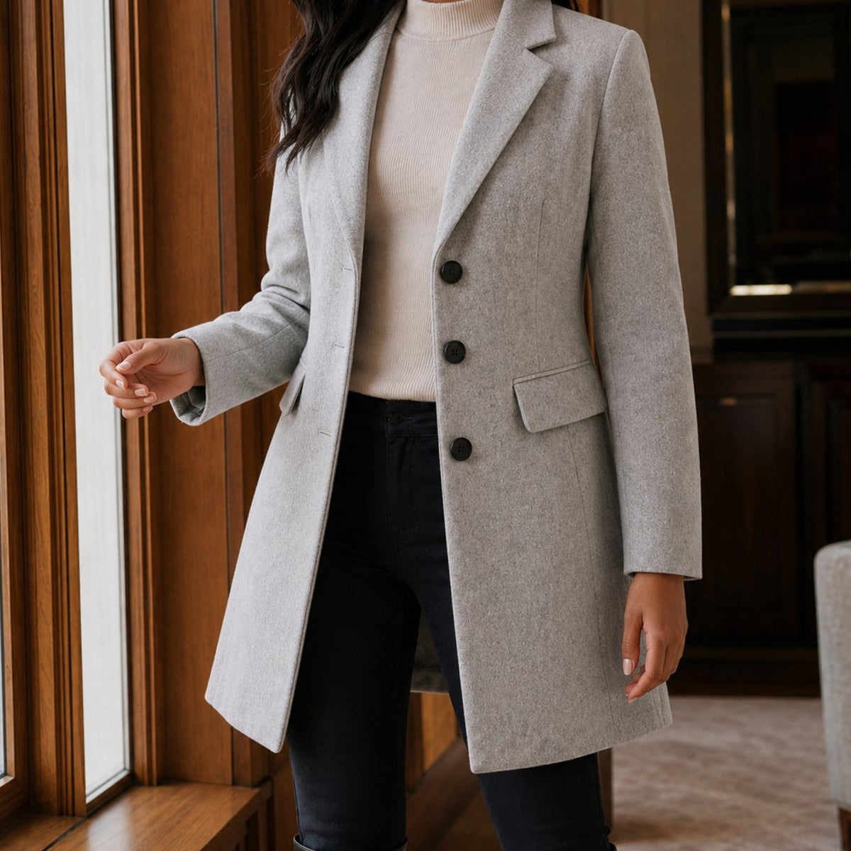 Women's Tailored Wool-Blend Notched-Lapel Button-Front Coat - Light Grey