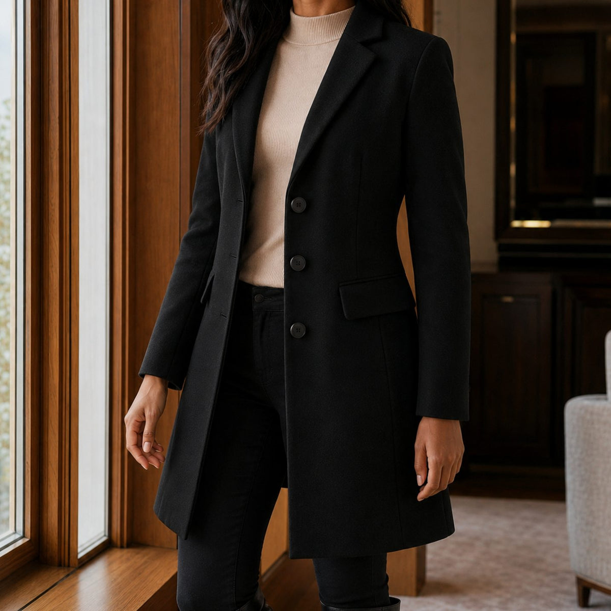 Women's Tailored Wool-Blend Notched-Lapel Button-Front Coat - Black