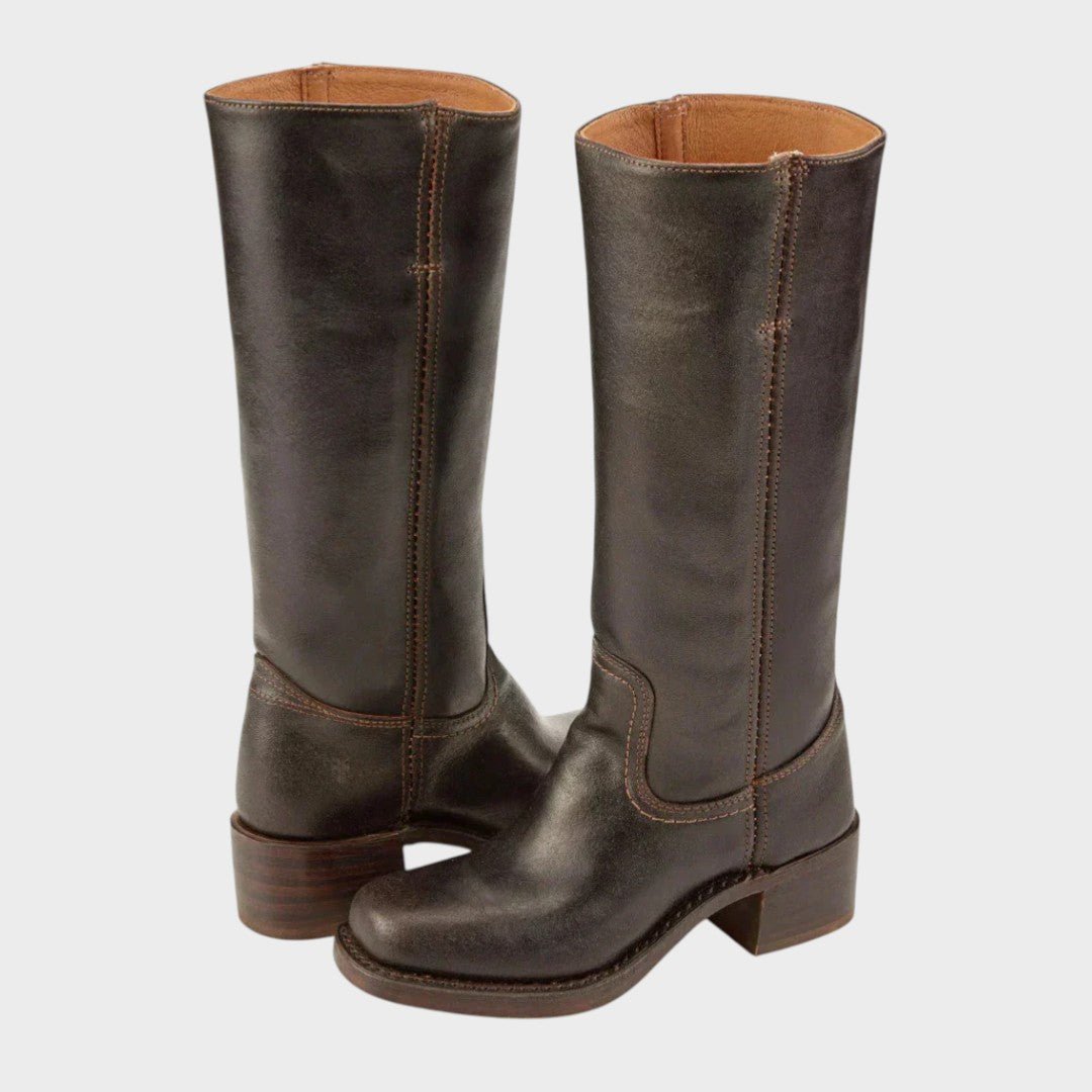 Women's Tall Leather Boots Equestrian Block Heel - Dark Brown