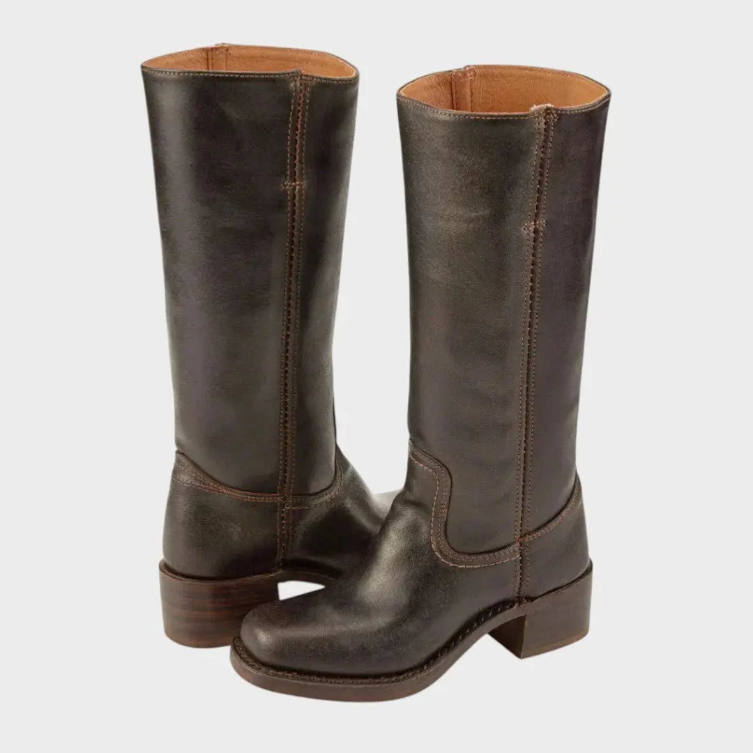 Women's Tall Leather Boots Equestrian Block Heel - Dark Brown