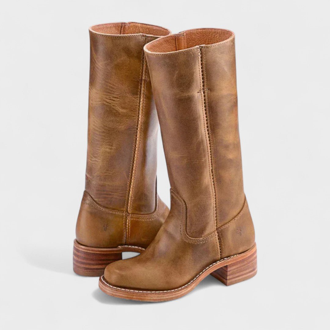 Women's Tall Leather Boots Equestrian Block Heel - Light Brown