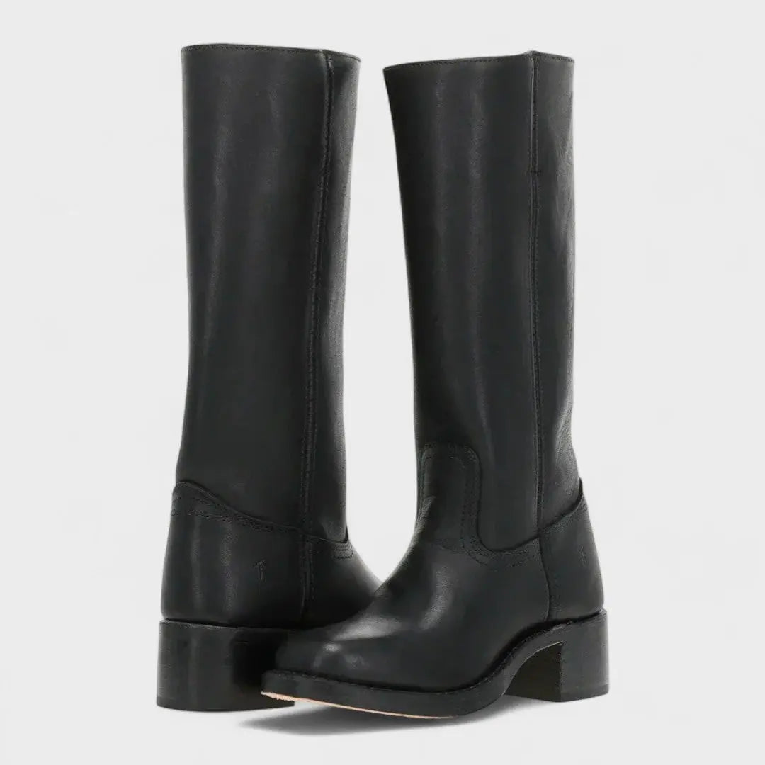Women's Tall Leather Boots Equestrian Block Heel - Black