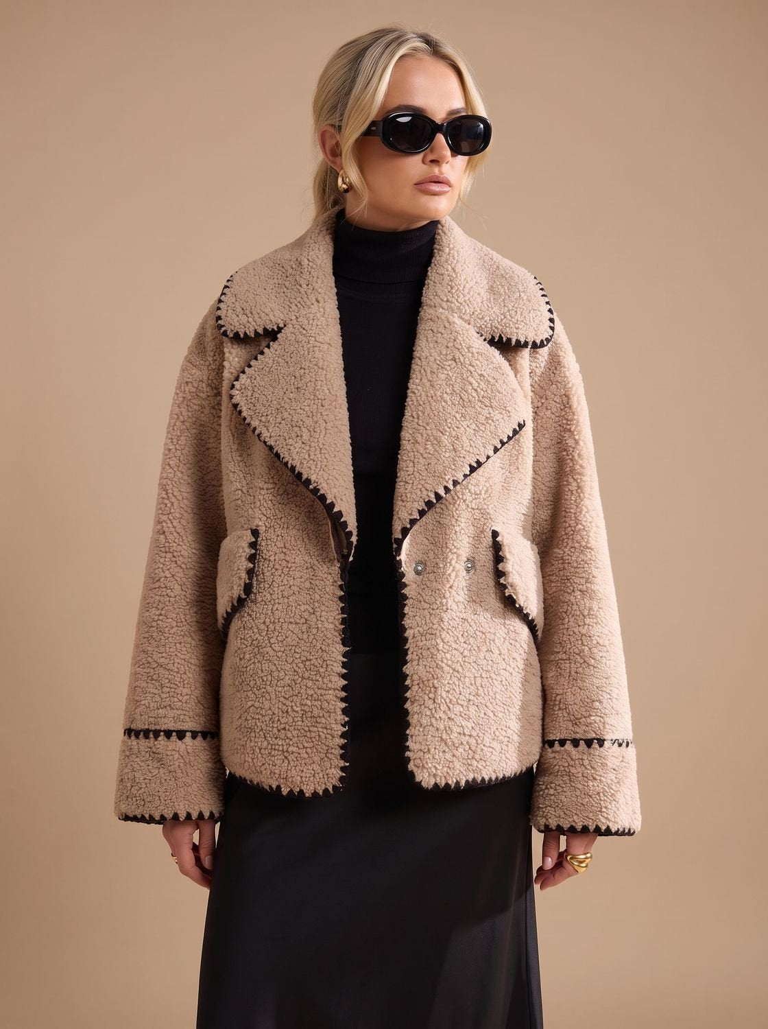 Women's Teddy Faux Fur Bomber Jacket Contrast Trim