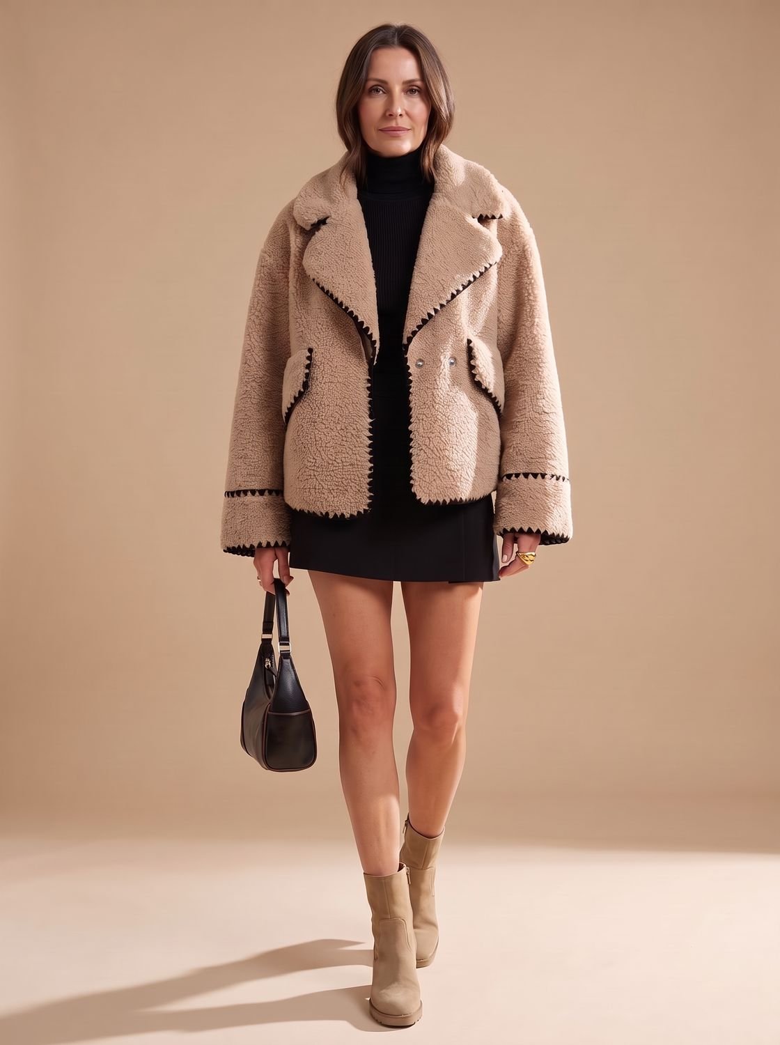 Women's Teddy Faux Fur Bomber Jacket Contrast Trim