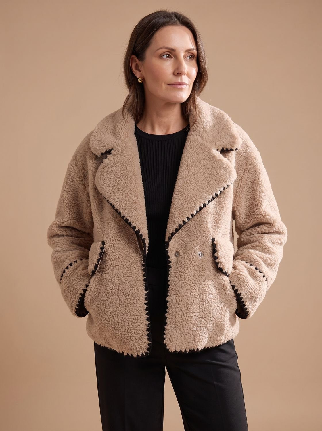 Women's Teddy Faux Fur Bomber Jacket Contrast Trim