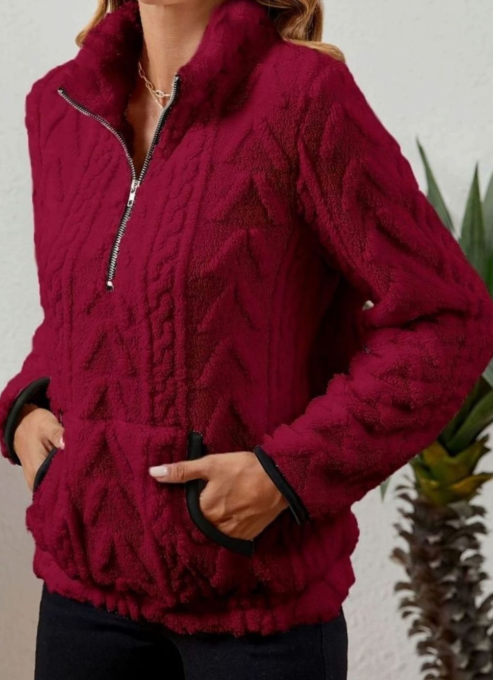 Women's Textured Fleece Half-Zip Kangaroo Pocket Pullover