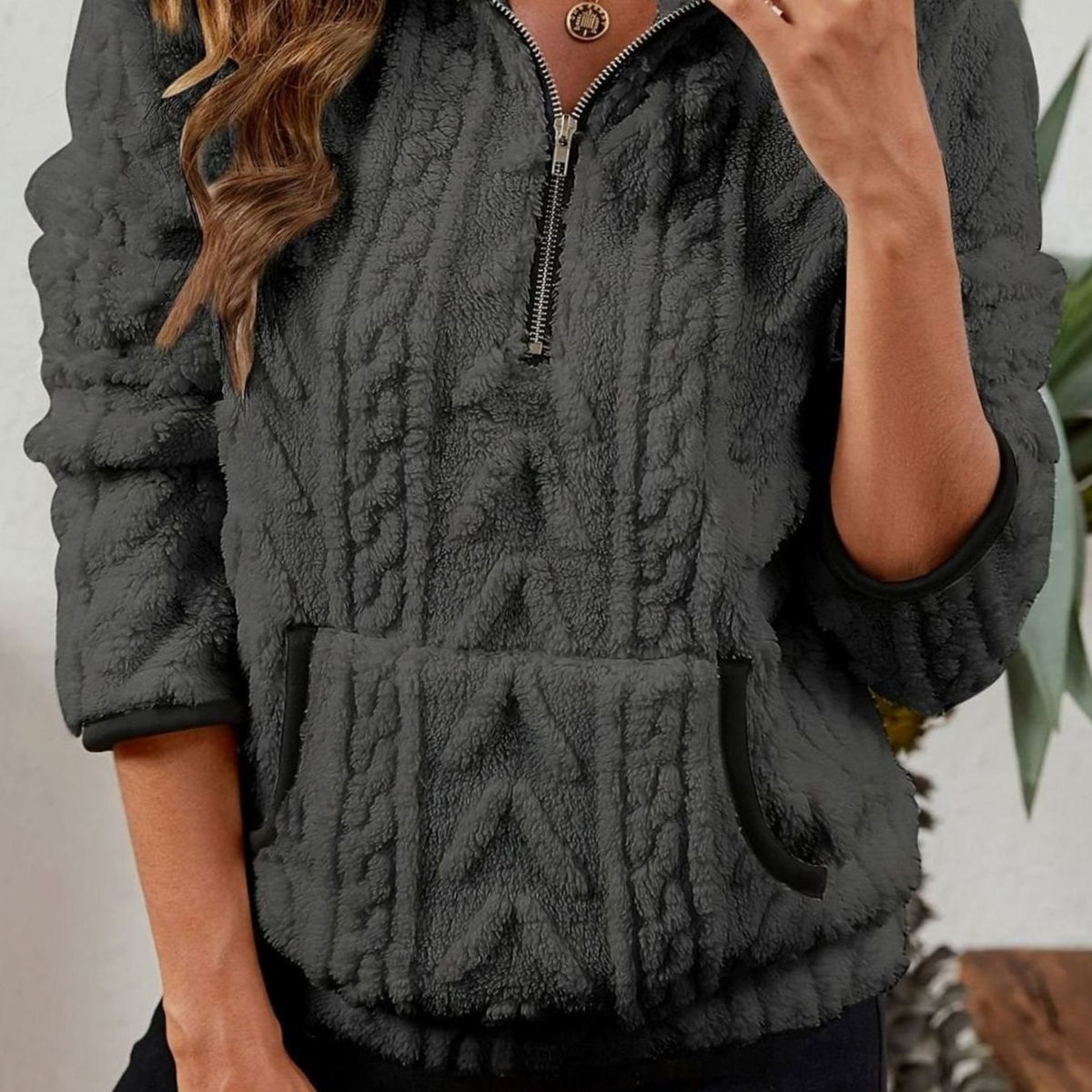 Women's Textured Fleece Half-Zip Kangaroo Pocket Pullover - Dark Grey