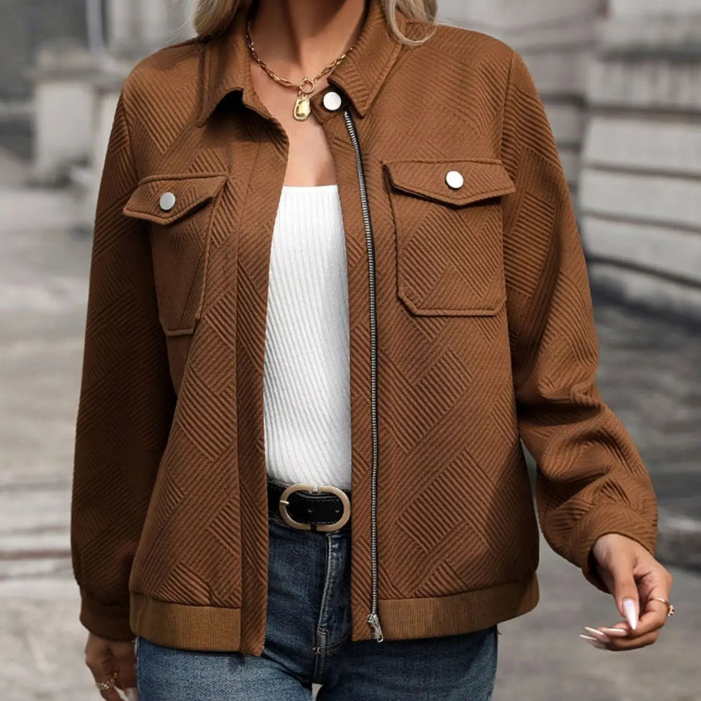 Women's Textured Zip-Up Long-Sleeve Jacket Chest Pockets