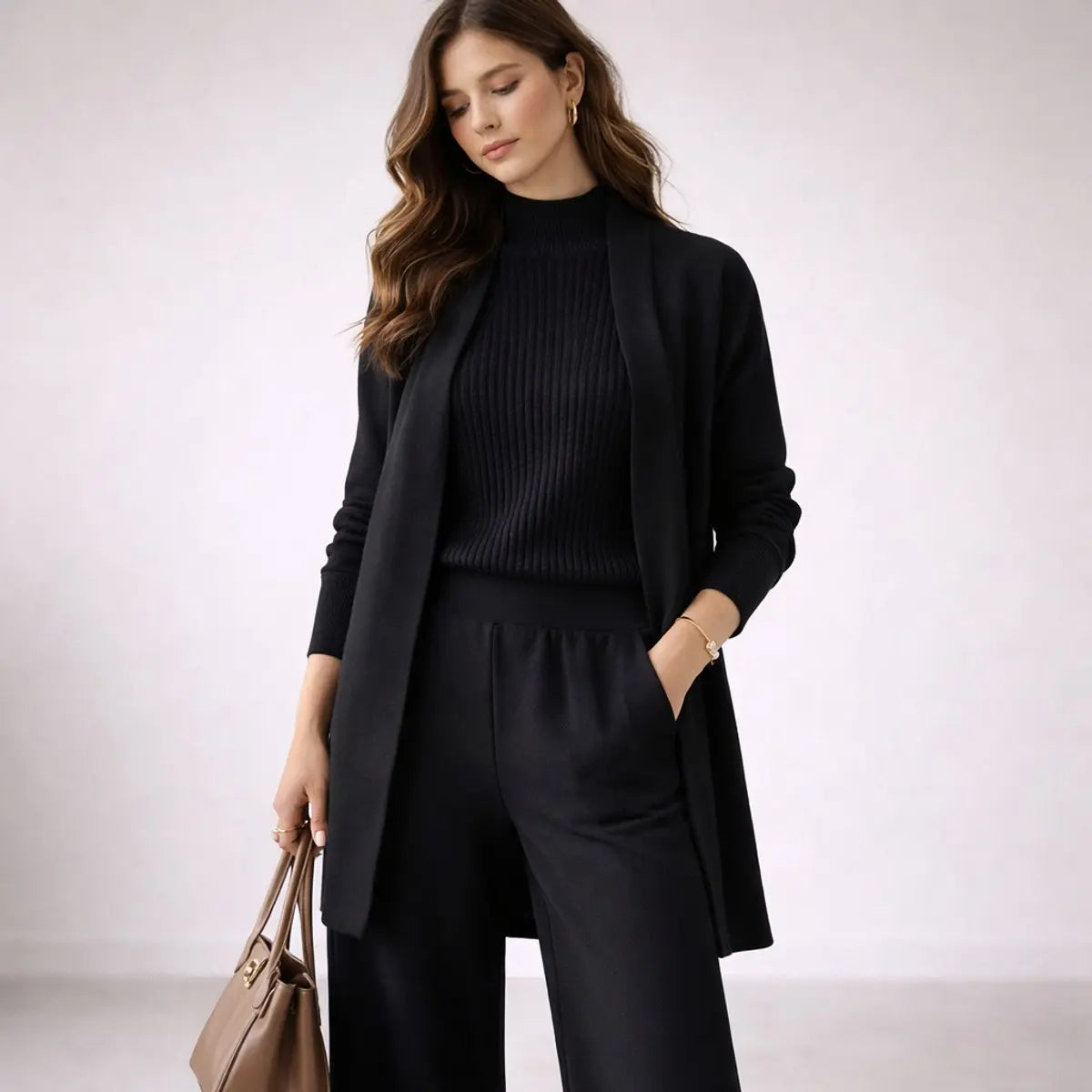 Women's Three Piece Knit Lounge Set Relaxed Evening Gown Cardigan - Black