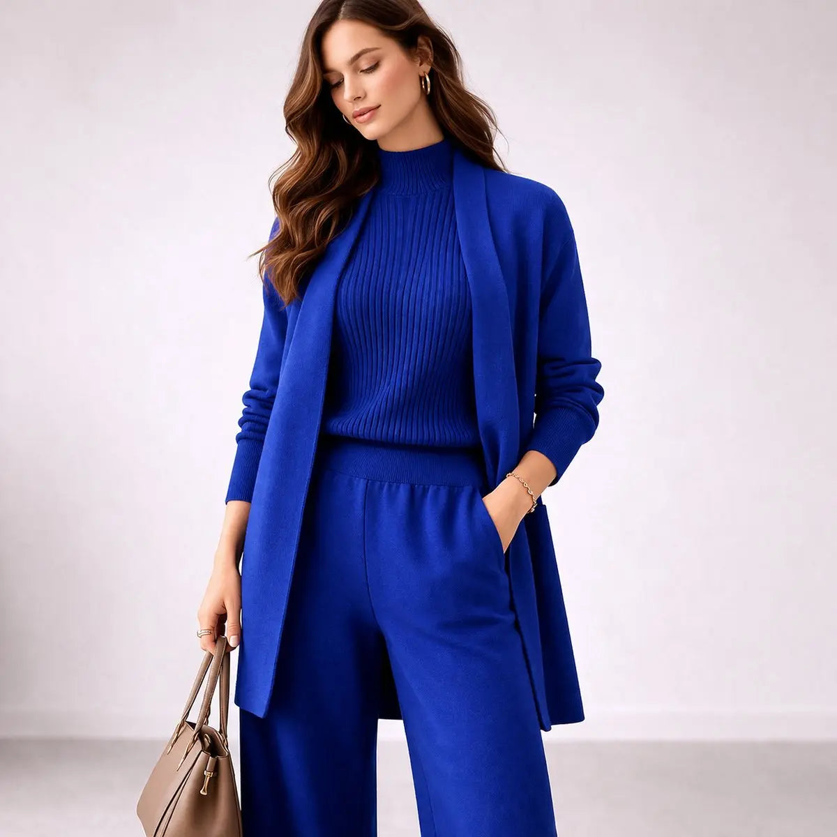Women's Three Piece Knit Lounge Set Relaxed Evening Gown Cardigan - Blue