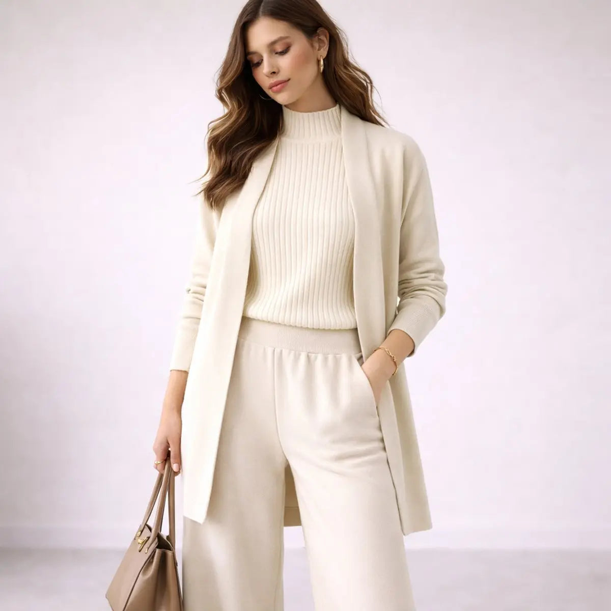 Women's Three Piece Knit Lounge Set Relaxed Evening Gown Cardigan - White