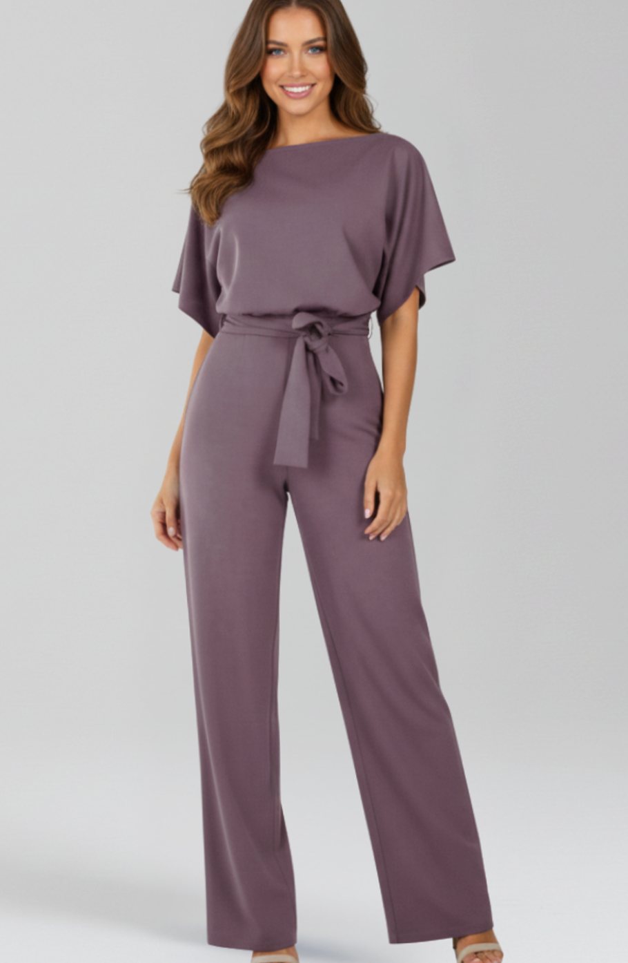 Women's Tie-Belt Wide-Leg Short-Sleeve Jumpsuit - Purple