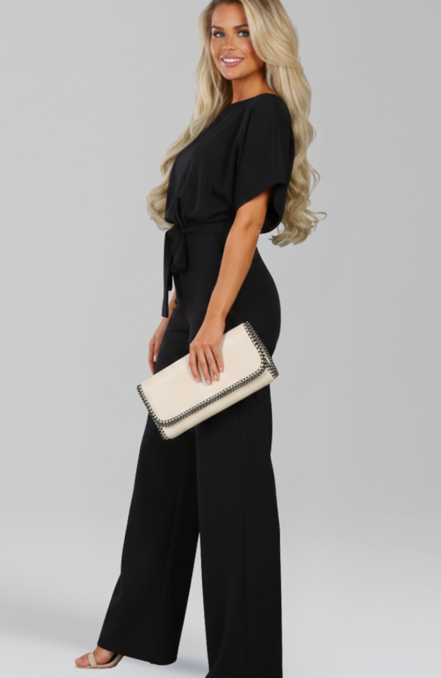 Women's Tie-Belt Wide-Leg Short-Sleeve Jumpsuit