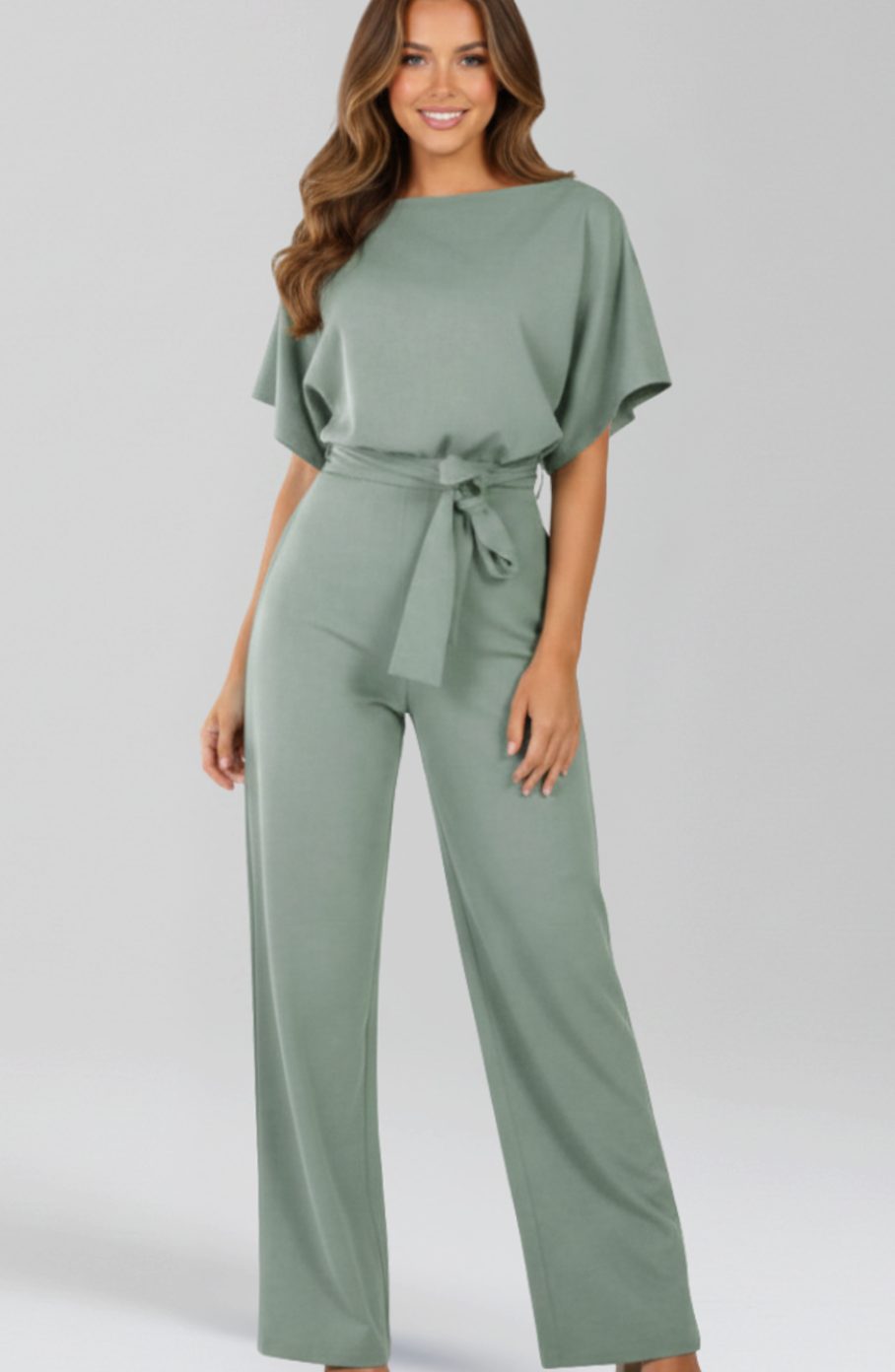 Women's Tie-Belt Wide-Leg Short-Sleeve Jumpsuit - Green