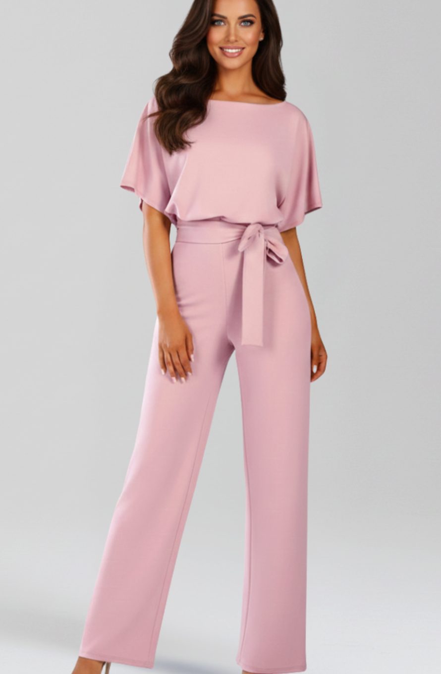 Women's Tie-Belt Wide-Leg Short-Sleeve Jumpsuit - Pink