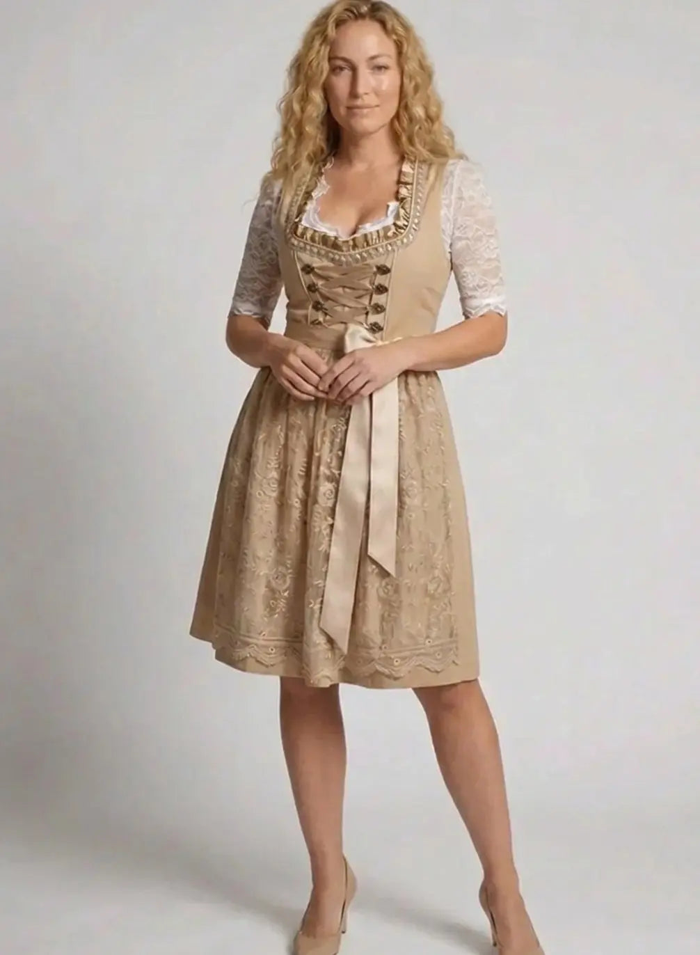 Women's Traditional Lace-Blouse Lace-Up Dirndl Midi Dress - Beige