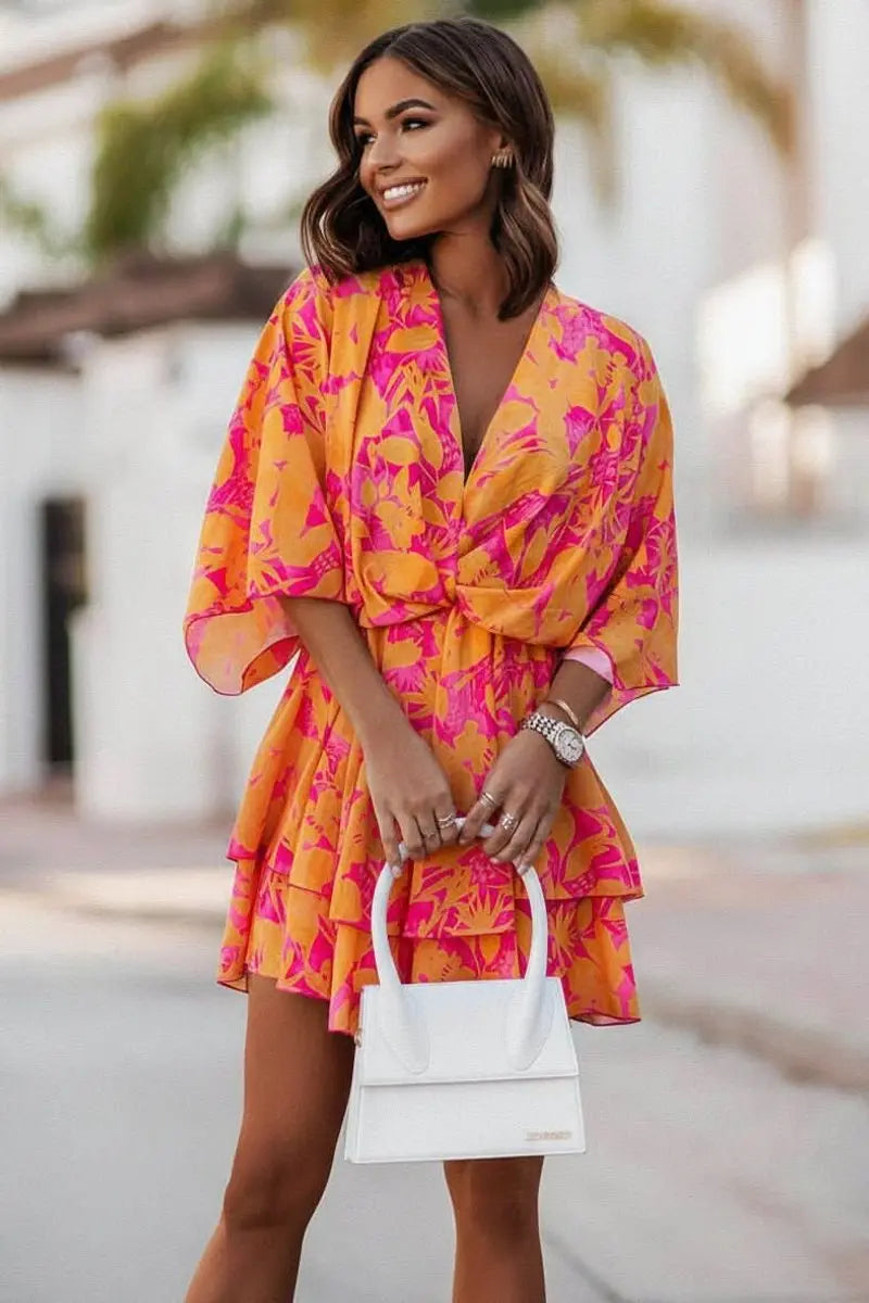Women's Tropical Print V-Neck Mini Cocktail Dress - Orange