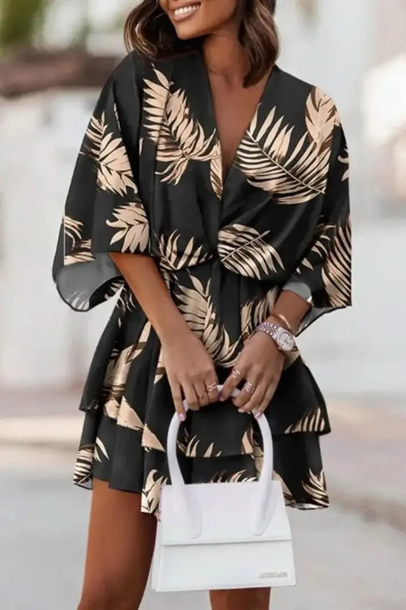 Women's Tropical Print V-Neck Mini Cocktail Dress - Black