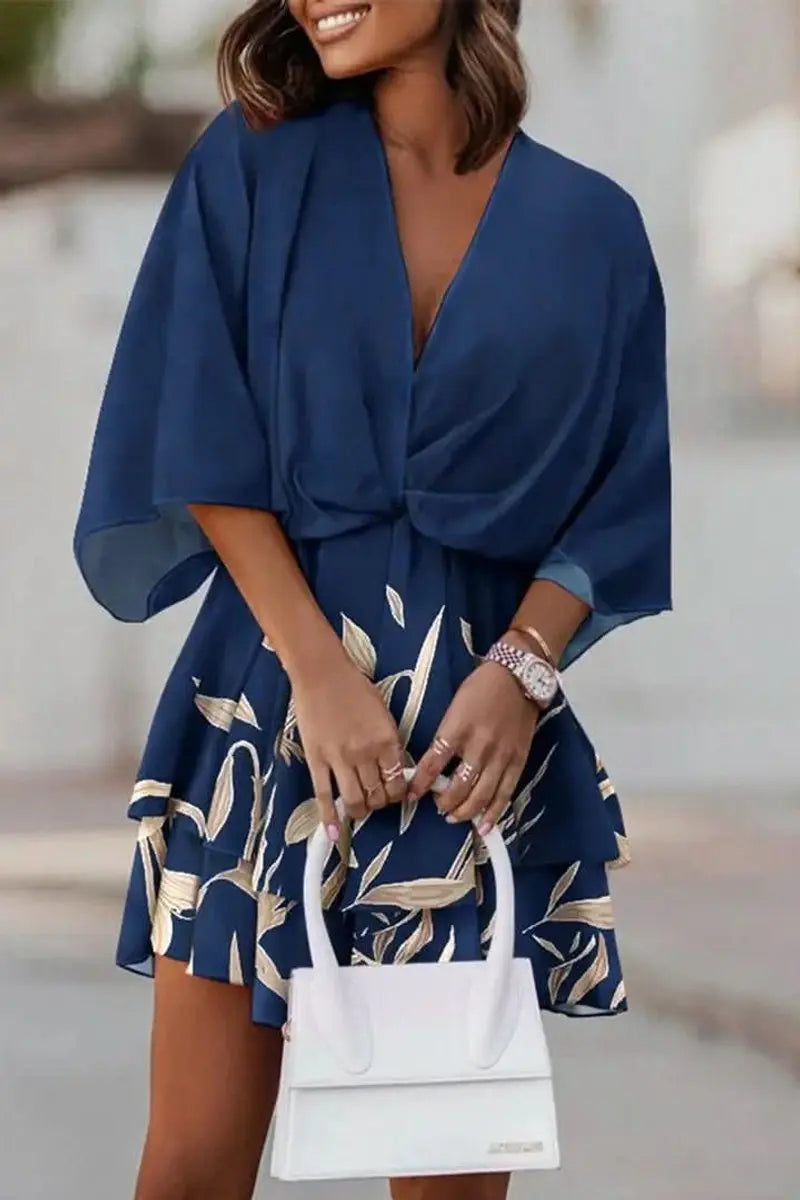 Women's Tropical Print V-Neck Mini Cocktail Dress - Navy Blue