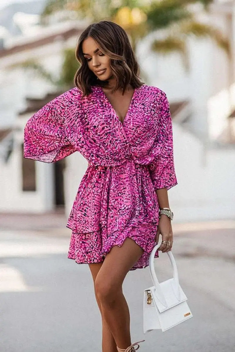Women's Tropical Print V-Neck Mini Cocktail Dress - Purple
