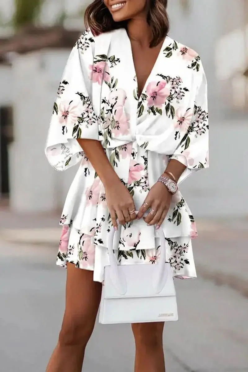 Women's Tropical Print V-Neck Mini Cocktail Dress - White