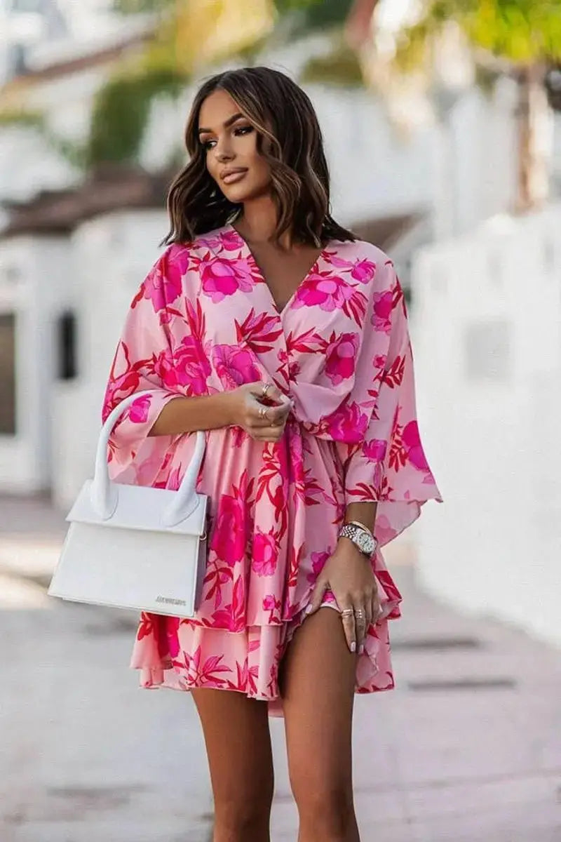 Women's Tropical Print V-Neck Mini Cocktail Dress - Red