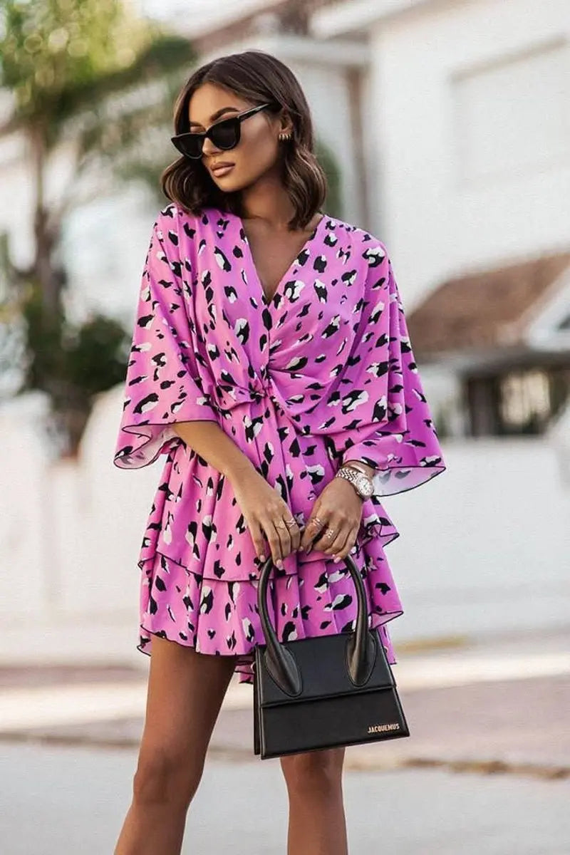 Women's Tropical Print V-Neck Mini Cocktail Dress