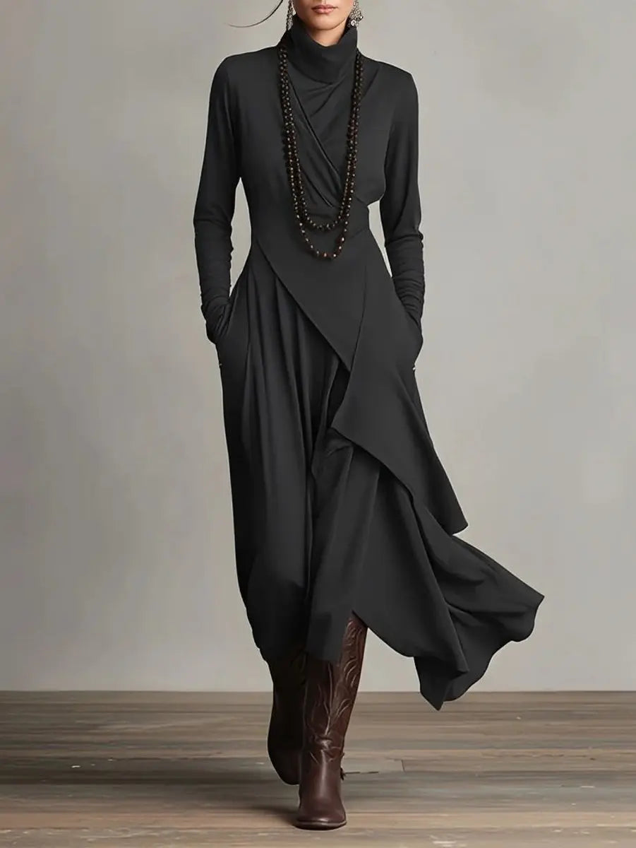 Women's Turtleneck Long Sleeve Dress Asymmetric Hem Maxi - Black